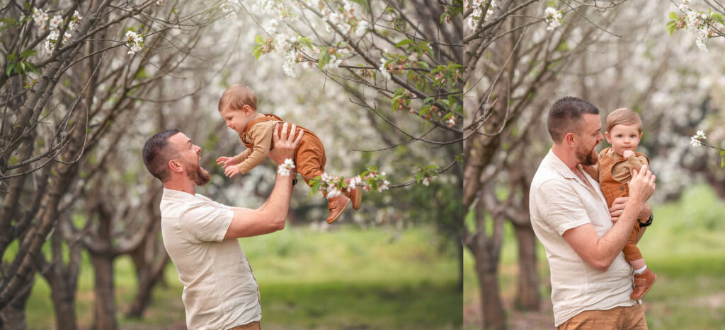 Melbourne dad holding his 1 year old boy during an outdoor family shoot in spring