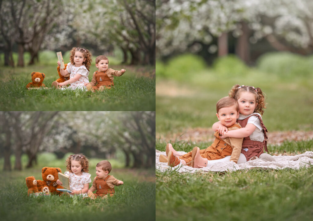 2 toddlers, brother and sister holding each other during outdoor spring family photo session in Melbourne